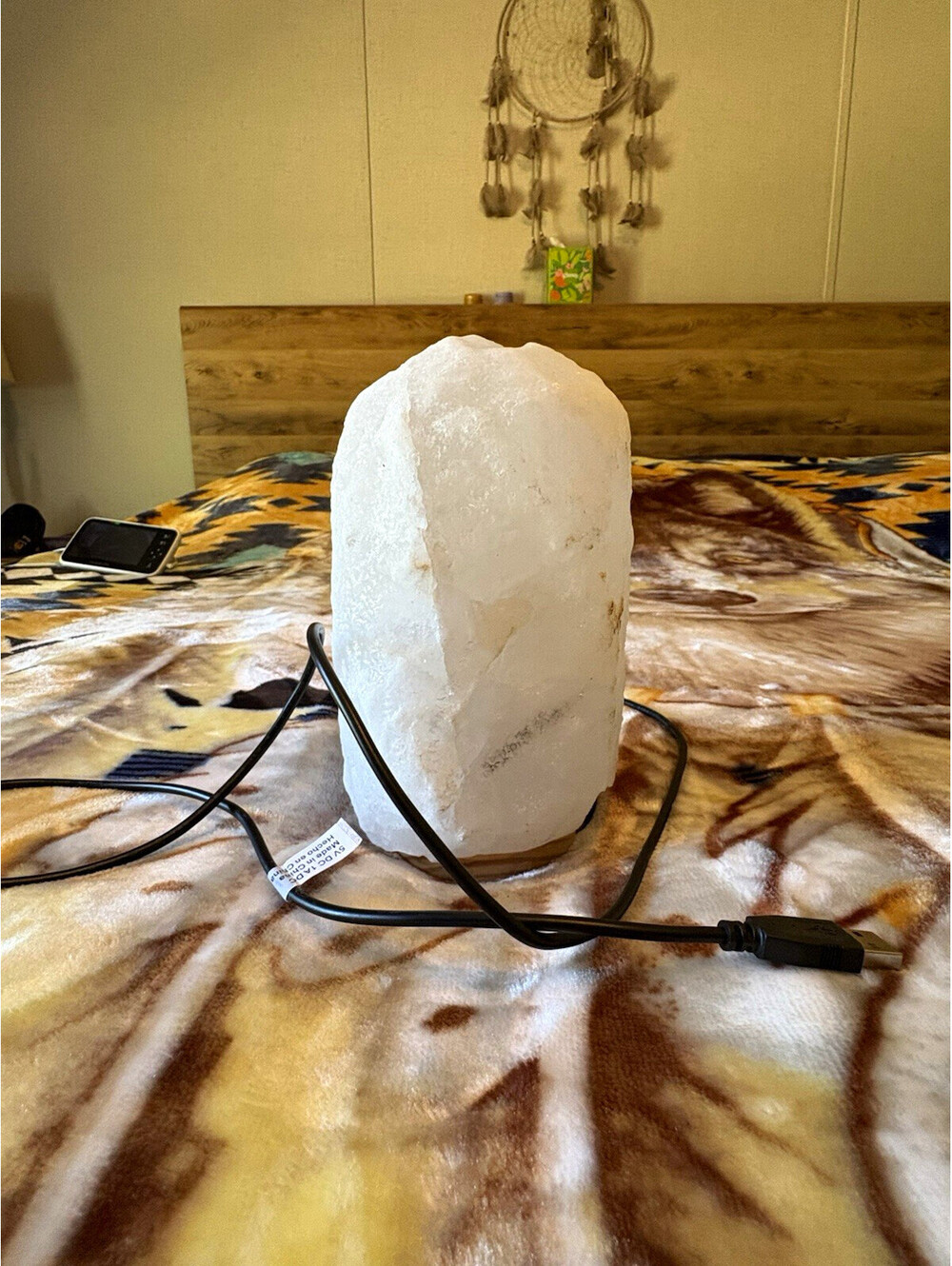 White Himalayan Salt Lamp – Hand Carved Crystal with Wooden Base (USB Powered)